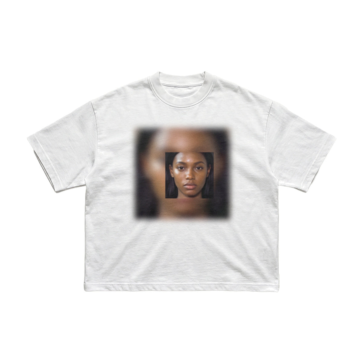 Already Heaven At First Sight white heavyweight tee, flat lay, blurred portrait graphic