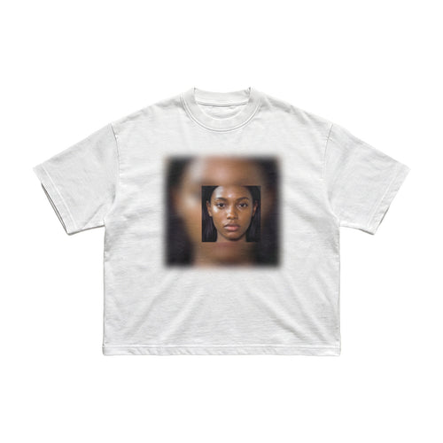 Already Heaven At First Sight white heavyweight tee, flat lay, blurred portrait graphic