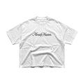 Already Heaven Classic Stamp white heavyweight tee, flat lay, script wordmark graphic