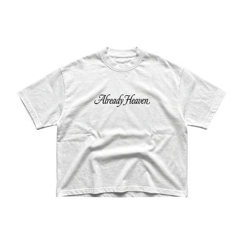 Already Heaven Classic Stamp white heavyweight tee, flat lay, script wordmark graphic
