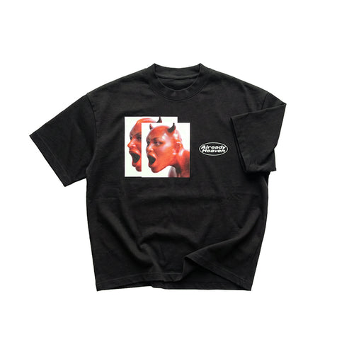 Already Heaven Devil's A Lie black heavyweight tee, flat lay, red portrait panel graphic