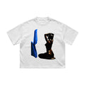 Already Heaven Museo white heavyweight tee, flat lay, bronze figure and blue drape graphic