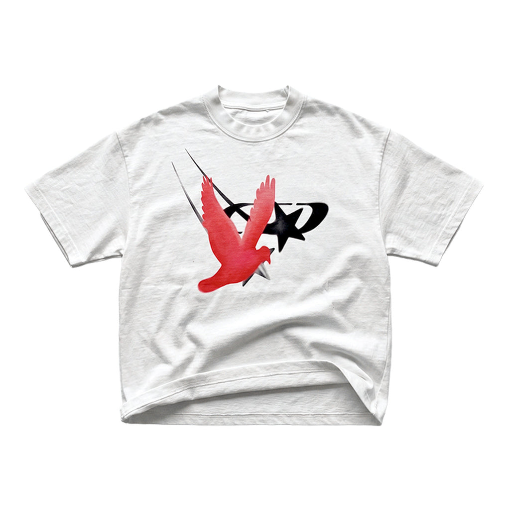 Already Heaven Staple Logo white heavyweight tee, flat lay, red dove and swoosh logo