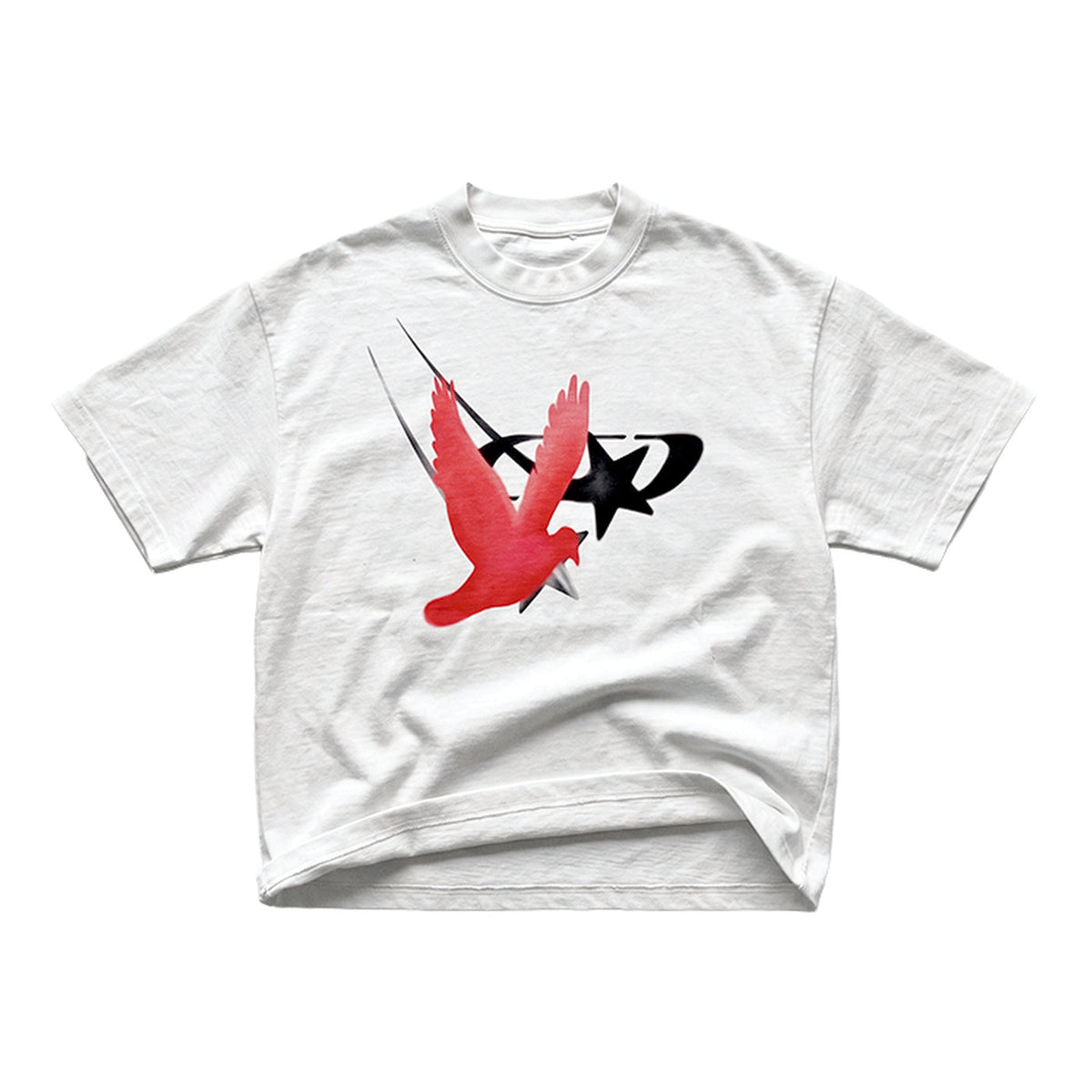 Already Heaven Staple Logo white heavyweight tee, flat lay, red dove and swoosh logo