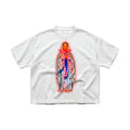 Already Heaven Virgin Again white heavyweight tee, flat lay, Madonna figure graphic