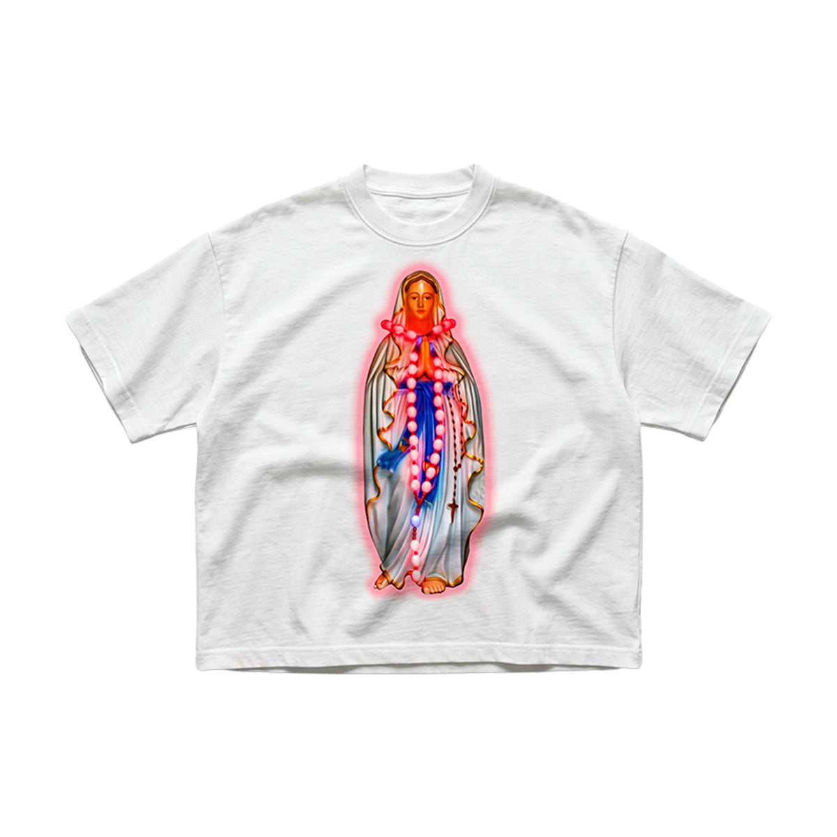Already Heaven Virgin Again white heavyweight tee, flat lay, Madonna figure graphic